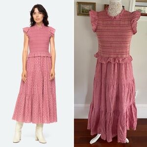 SEA NEW YORK Ingrid Smocked Ruffle Eyelet Midi Dress Sz 10